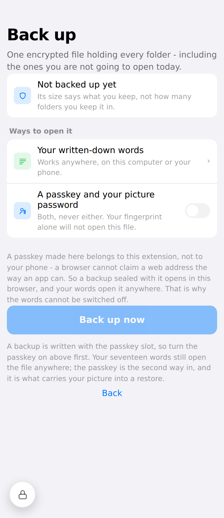 The backup screen, listing the two ways to open a backup file: written-down words, always on, and a passkey with the picture password.