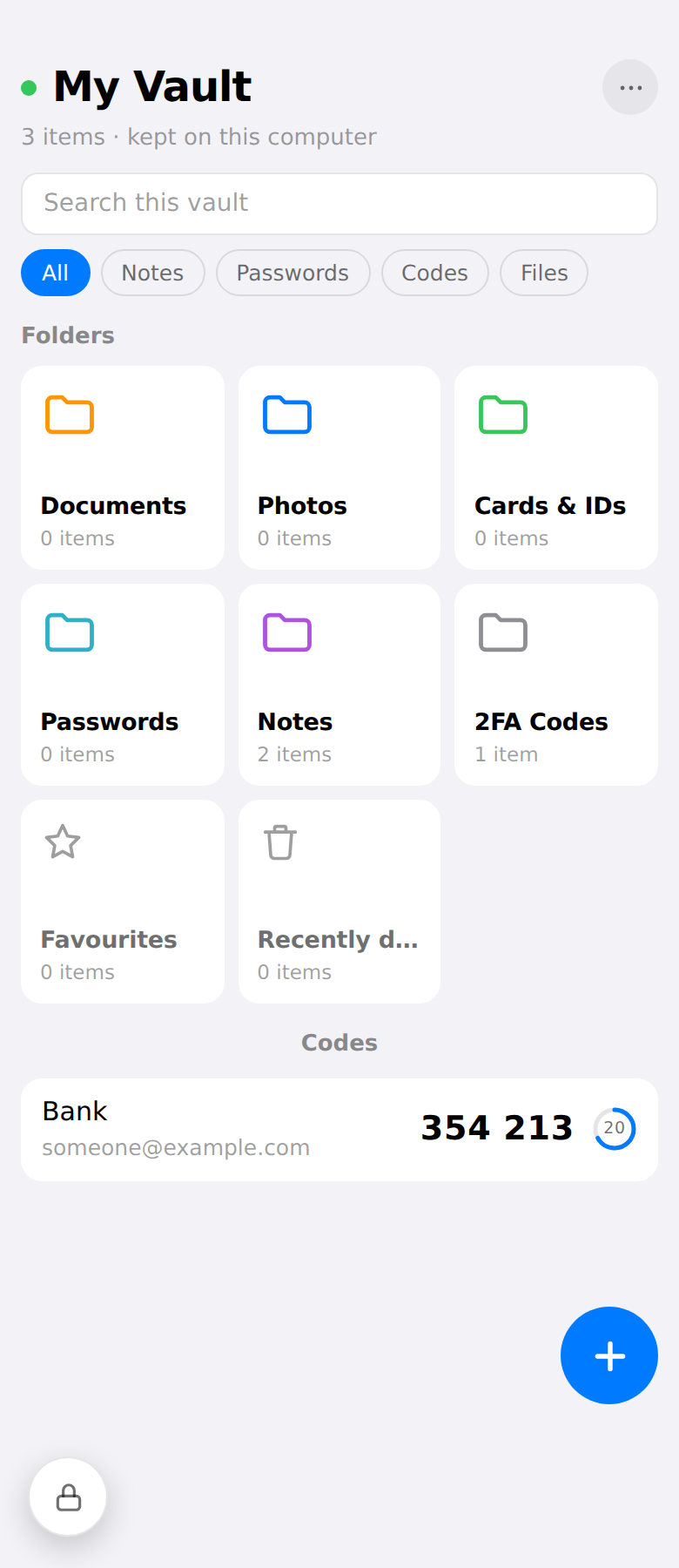 The vault's home screen in light mode: folders for documents, photos, cards, passwords and notes, with a live two-factor code beneath them.